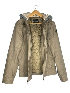 GUESS Men’s Sherpa Lined Hooded Canvas Utility Field Jacket Khaki Tan Brown S